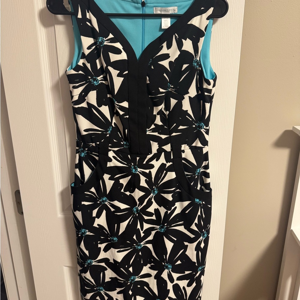 London Times Black and White Floral Midi Dress with Blue Accents